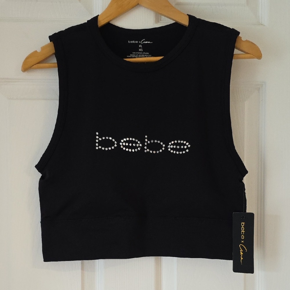 Bebe & Ciara  Black Sleeveless Crop Top w/ Rhinestone Logo & Built In Cups  New